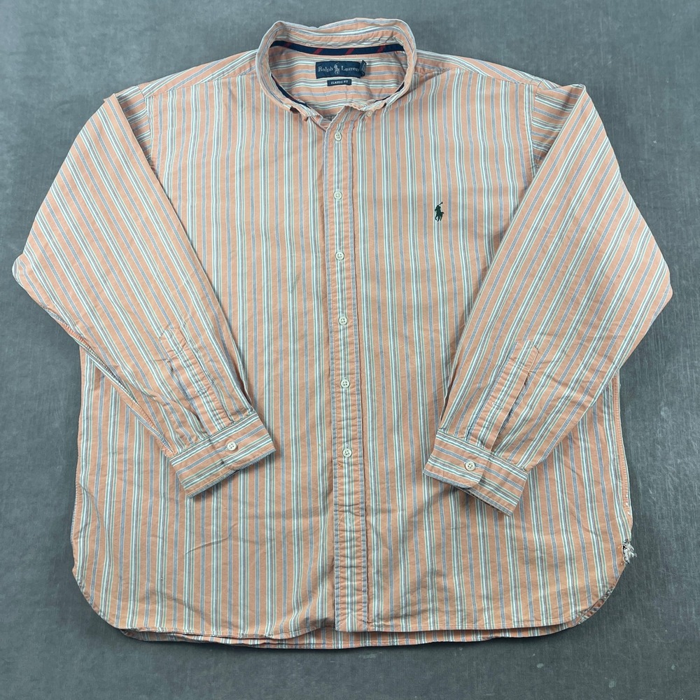 Ralph Lauren Mens 2XB Orange Striped Button Down Shirt Classic Fit Big & Tall